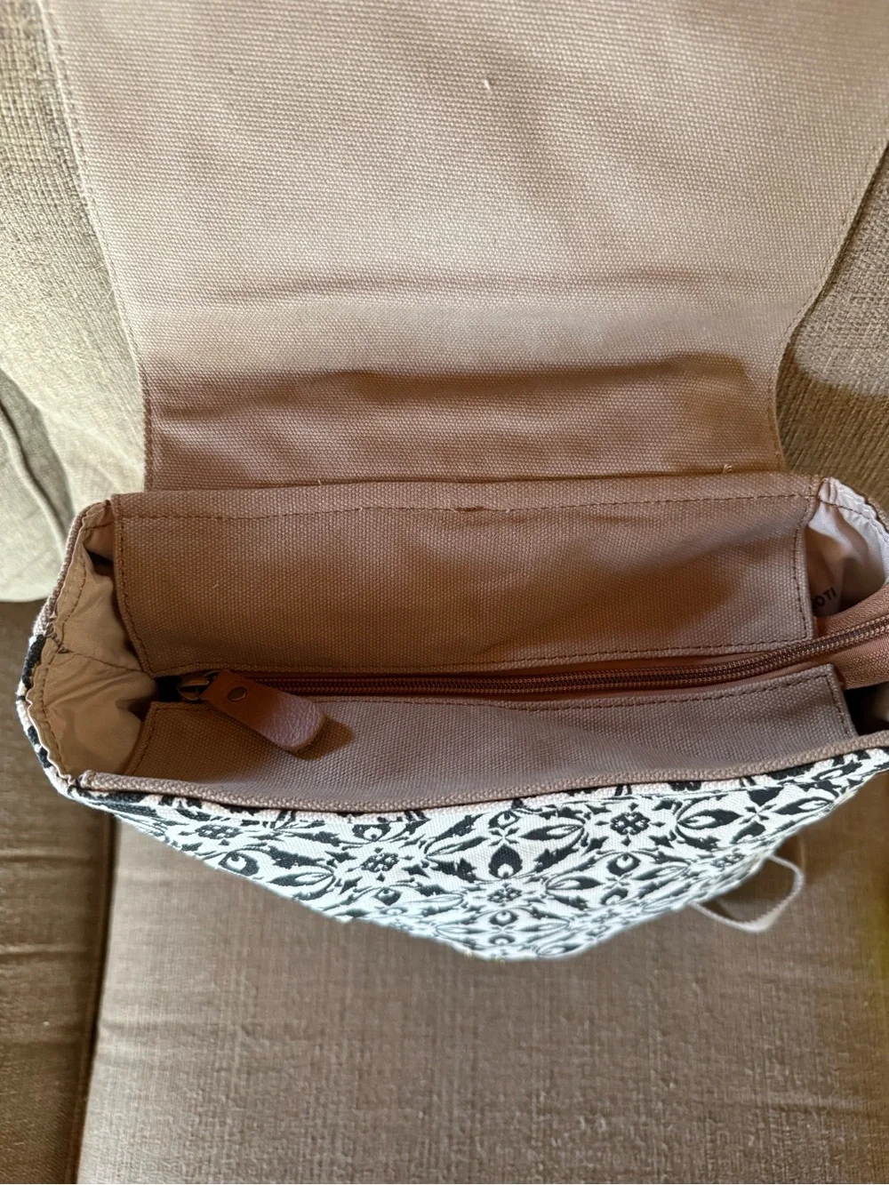 Neutral Cowhide-Pattern Canvas Backpack with Brown Trim